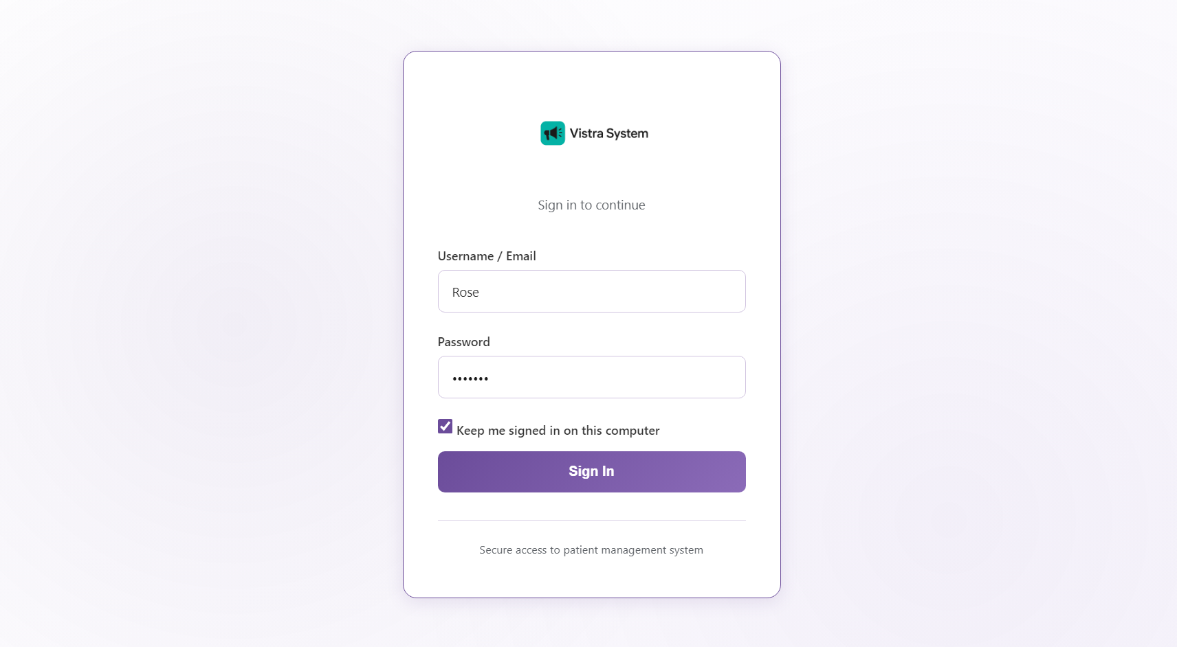 Vistra System login screen with username and password