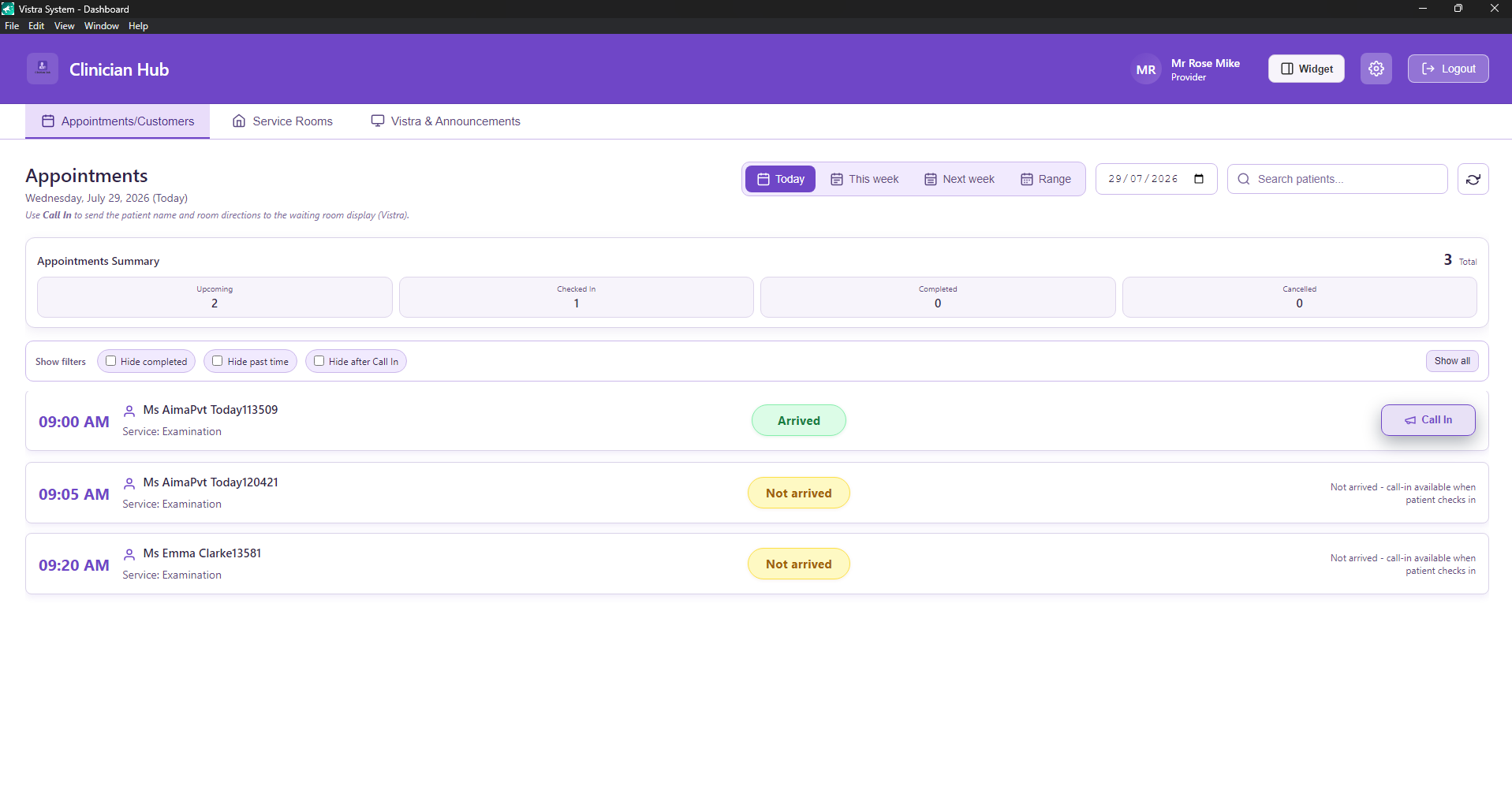 Appointments list with Call In button for arrived patients