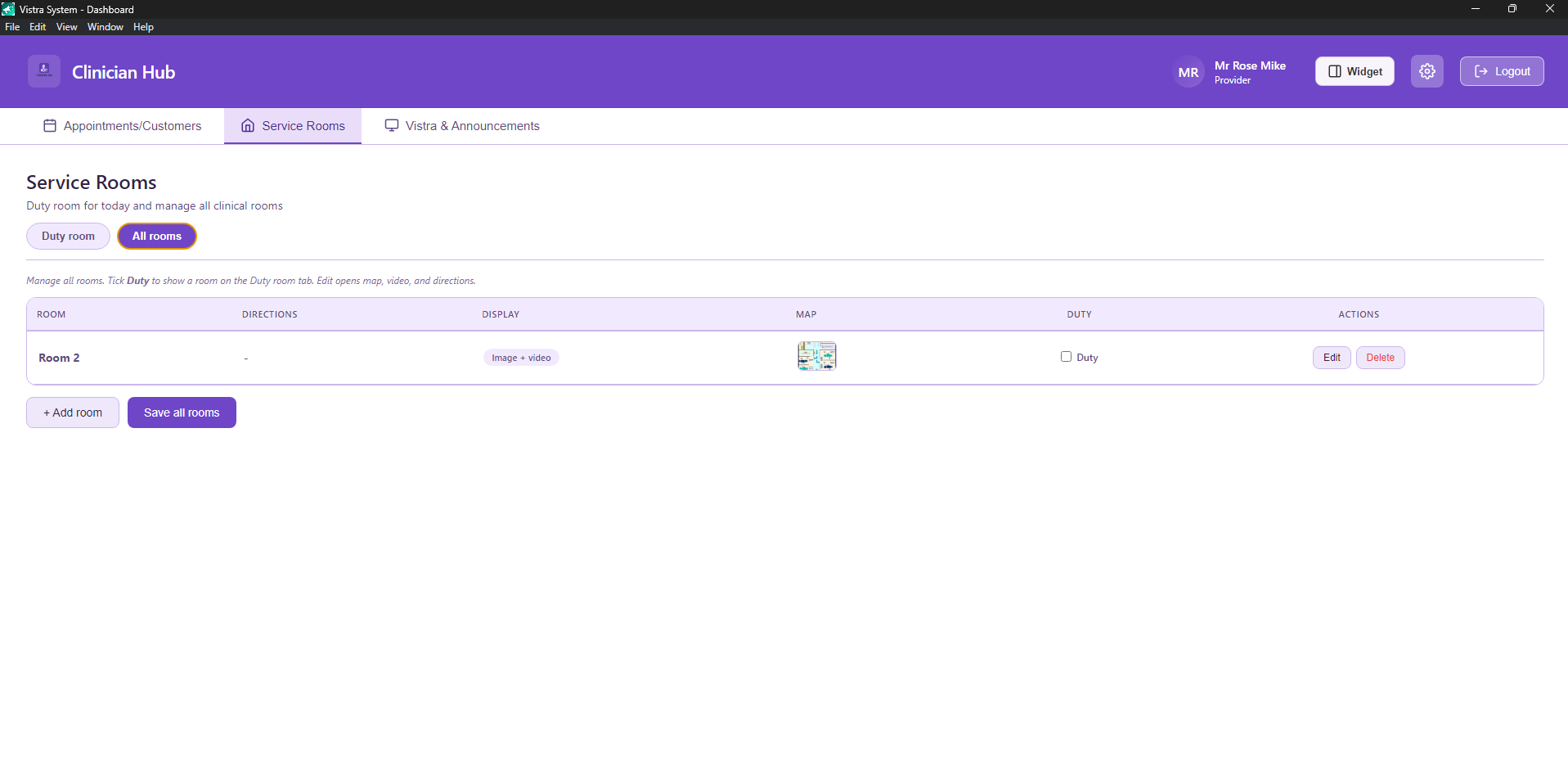 Service rooms table with Duty checkbox Edit and Delete