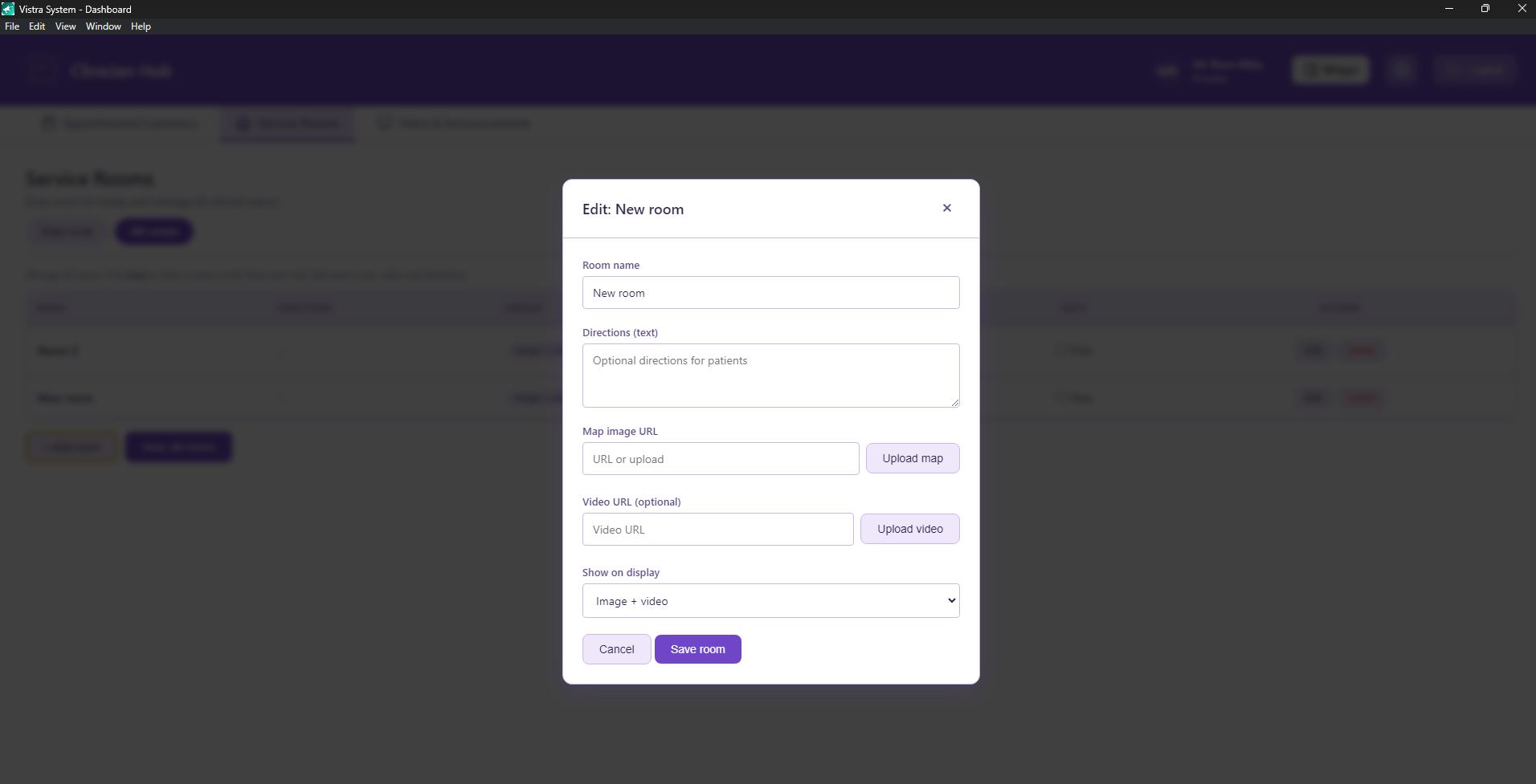 Edit room dialog with name directions map video and display mode