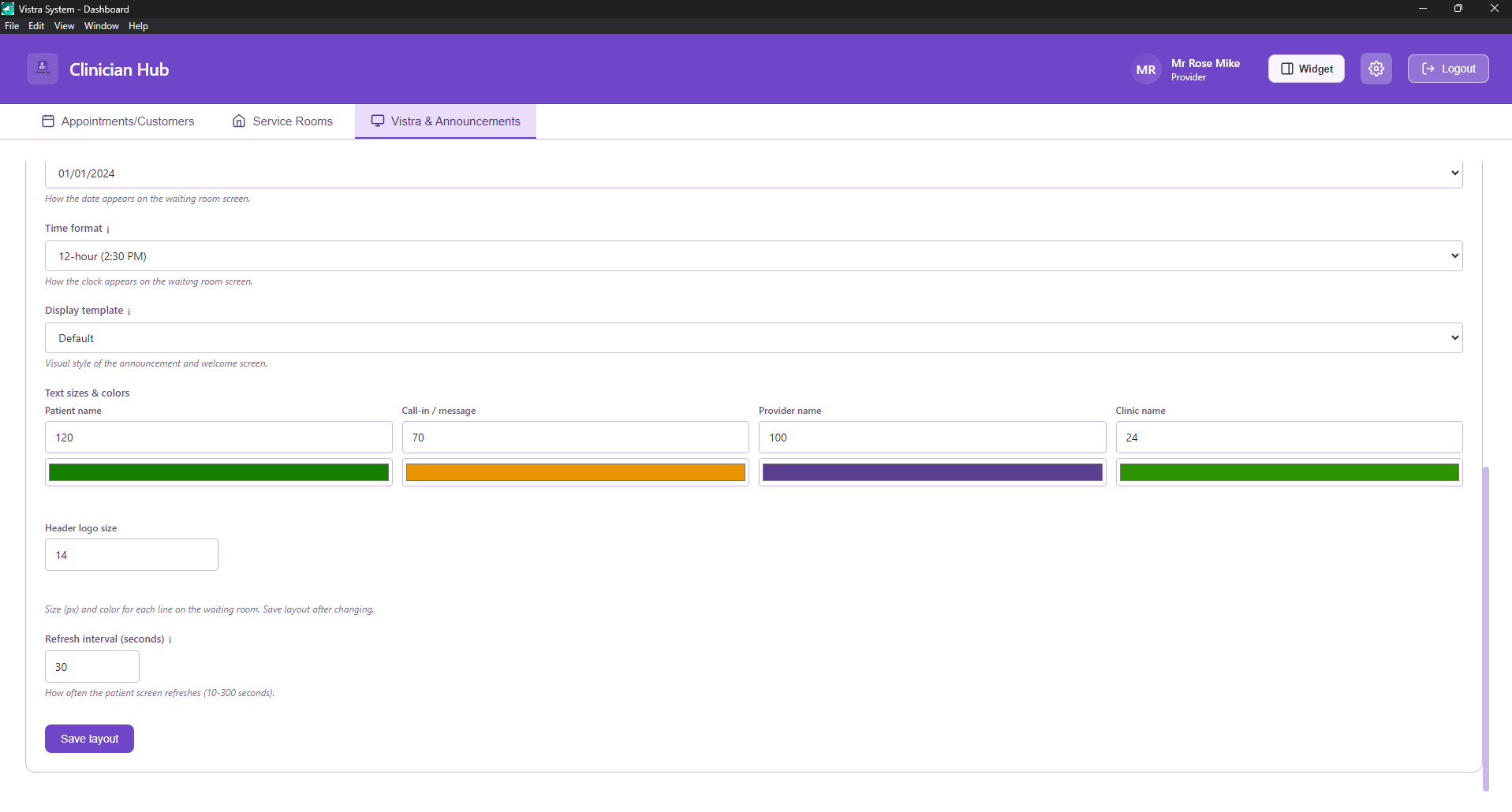 Layout tab text sizes colors and refresh interval