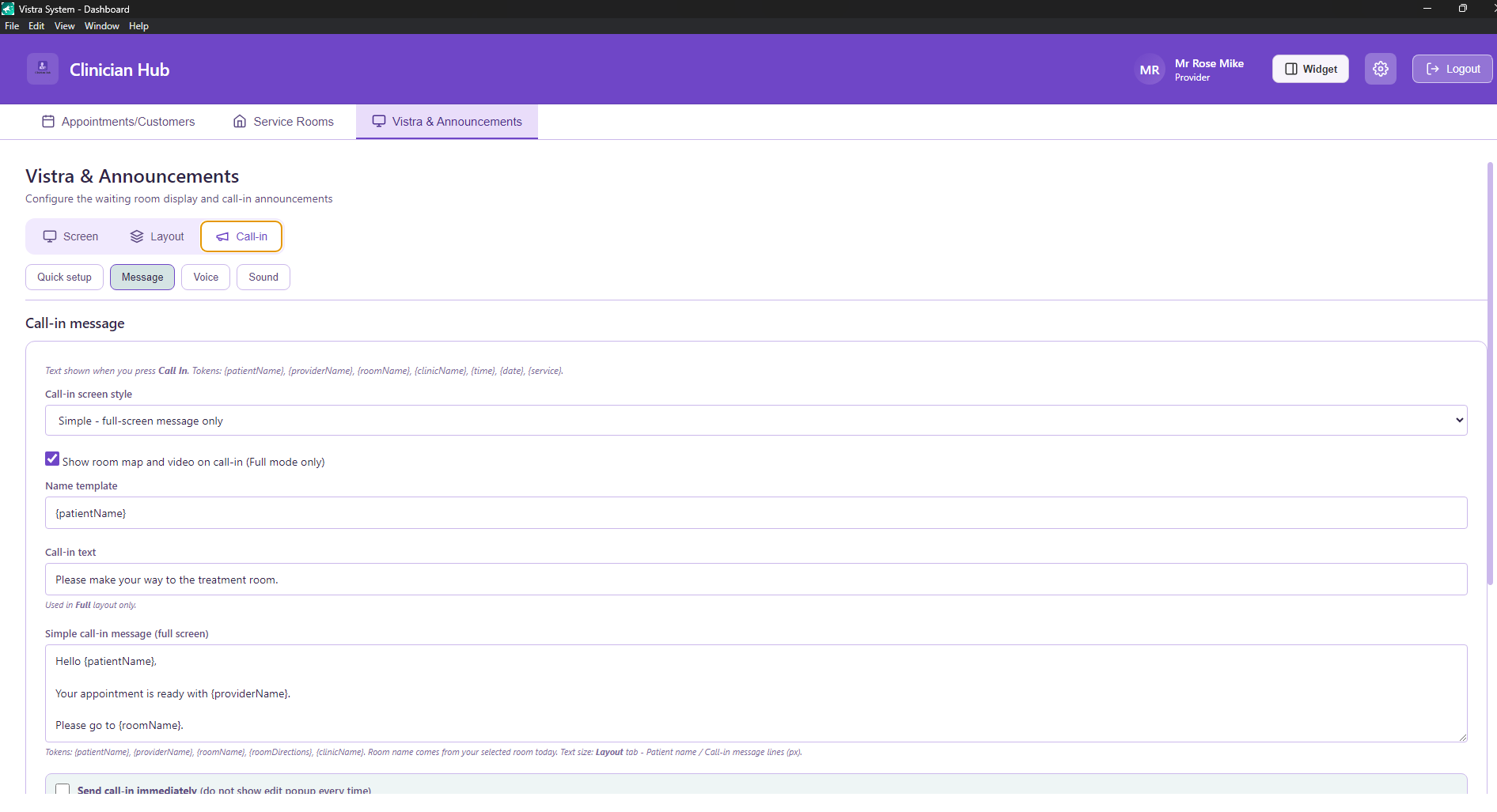 Call-in Message tab with screen style and message templates
