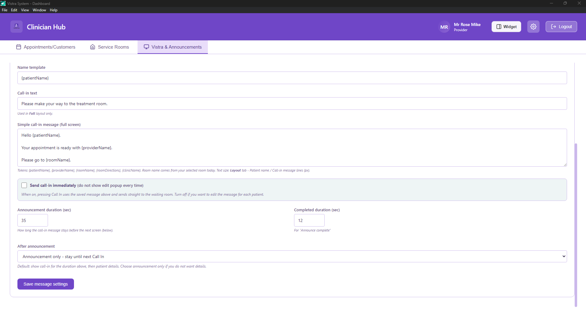 Call-in duration and after announcement options