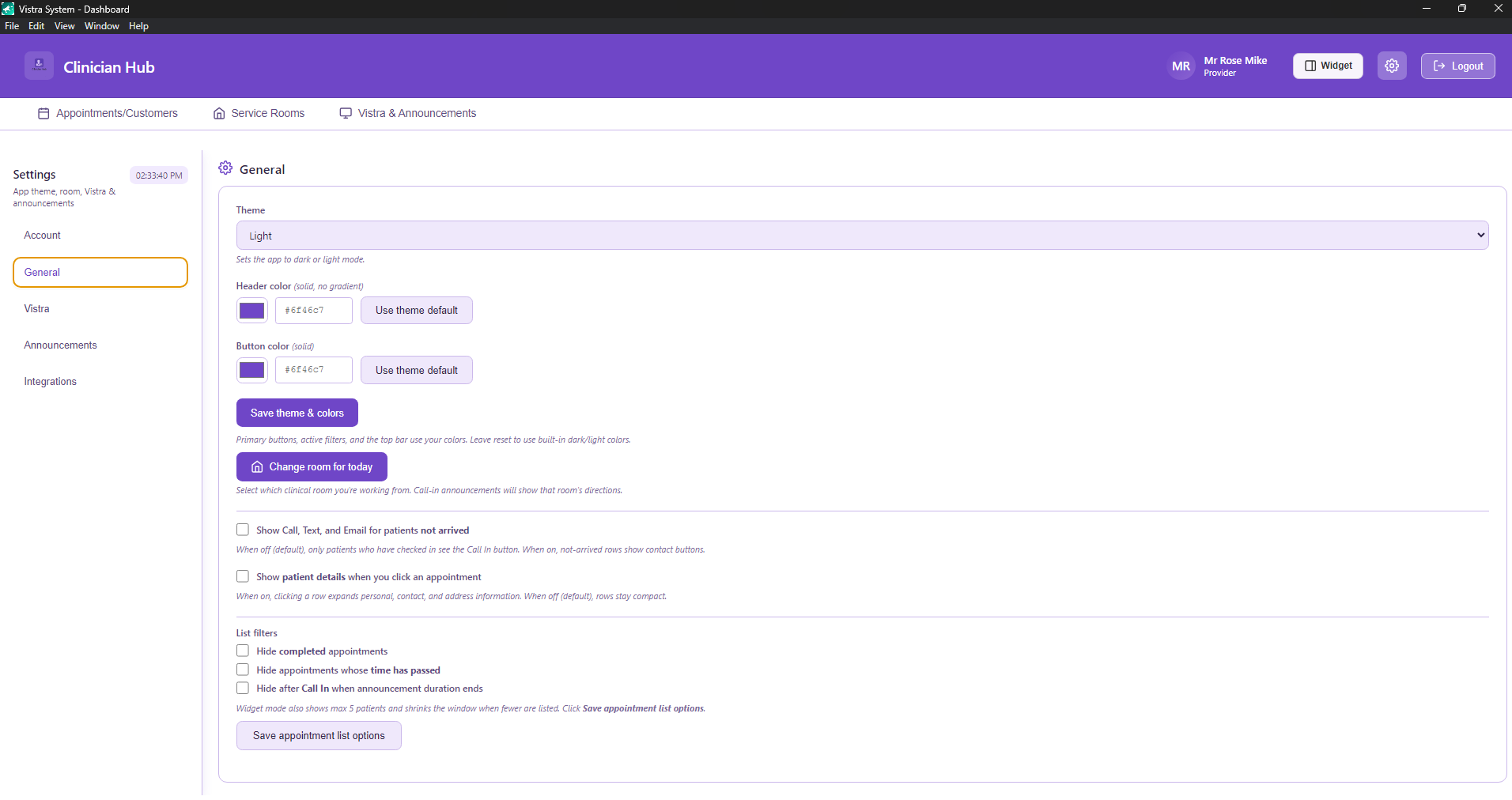 General settings theme colours room and list options