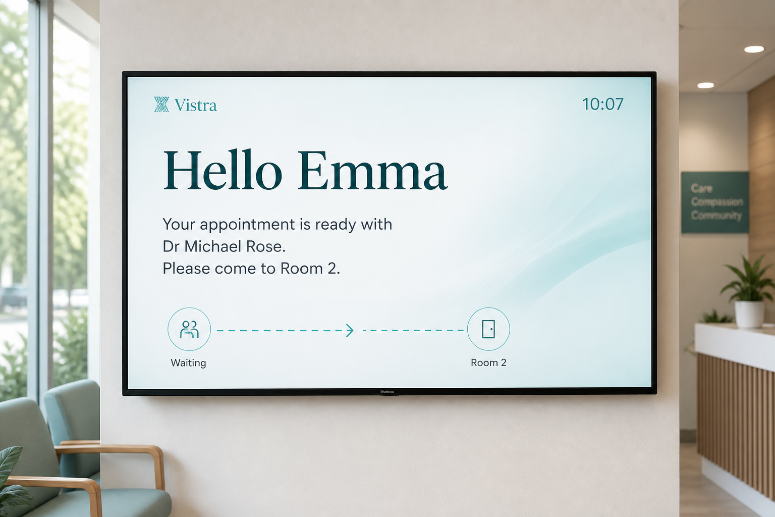 Vistra waiting room screen calling a patient to their room